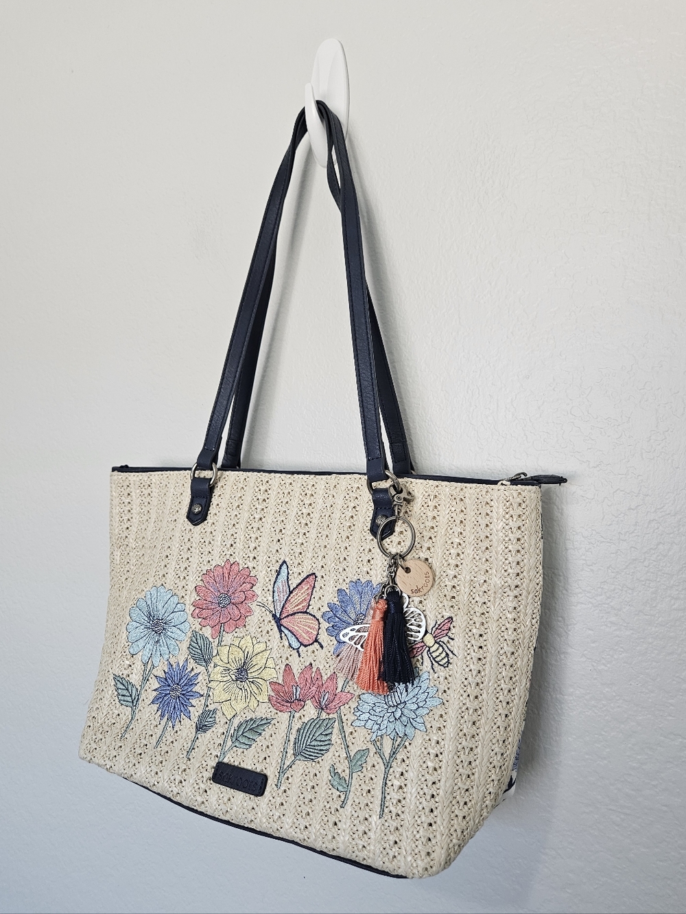 Sakroots | Meadow Straw Floral Butterfly Medium Tote Bag Navy Blue Multi Womens - Picture 2 of 8